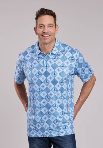 Roper Mens Active Retro Diamonds Blue Poly/Spandex S/S Polo Shirt