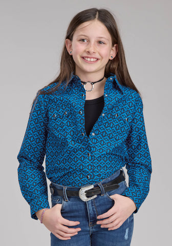 Roper Kids Girls 2181 Aztec Tile Blue 100% Cotton L/S Shirt