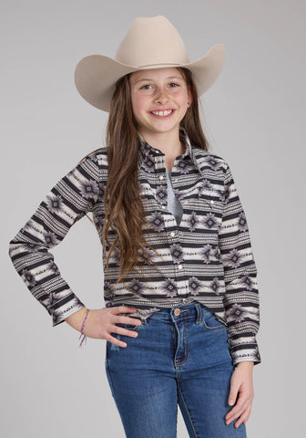 Roper Kids Girls 2182 Santa Fe Aztec Black 100% Cotton L/S Shirt