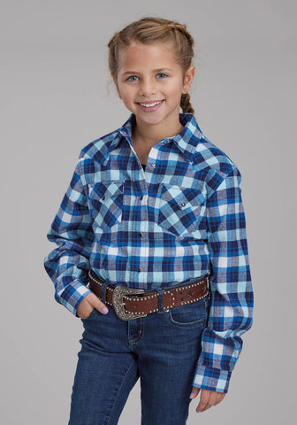 Roper Kids Girls 2206 Unlined Flannel Blue 100% Cotton L/S Shirt