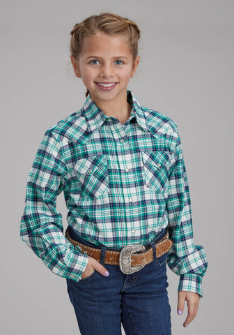 Roper Kids Girls 2206 Unlined Flannel Green 100% Cotton L/S Shirt