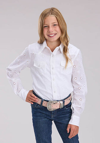Roper Kids Girls Eyelet Western White 100% Cotton L/S Shirt