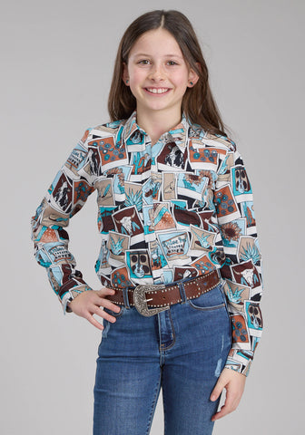 Roper Kids Girls 2224 Photo Collage Multi-Color 100% Rayon L/S Shirt