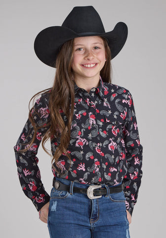 Roper Kids Girls 2225 Bronc Riders Black 100% Rayon L/S Shirt
