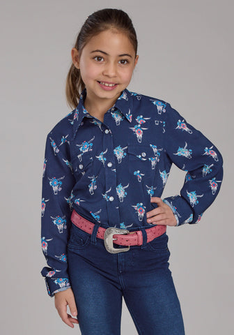 Roper Youth Girls 2426 Skulls Western Navy 100% Rayon L/S Blouse