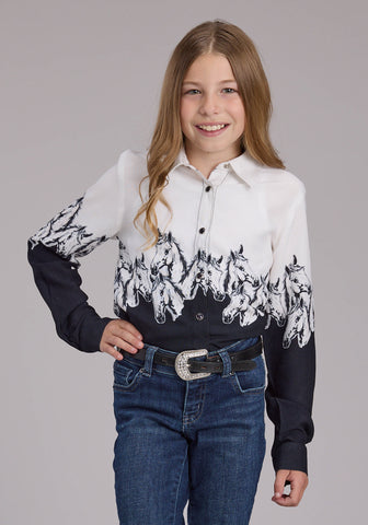 Roper Youth Girls Horses Border Print Black 100% Rayon L/S Shirt