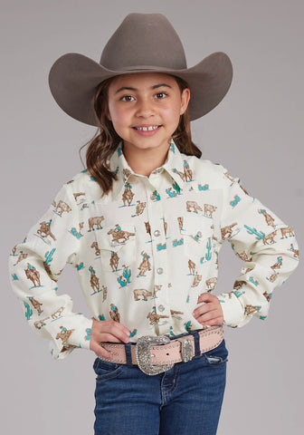 Roper Youth Girls 2424 Printed Ropers White 100% Rayon L/S Shirt