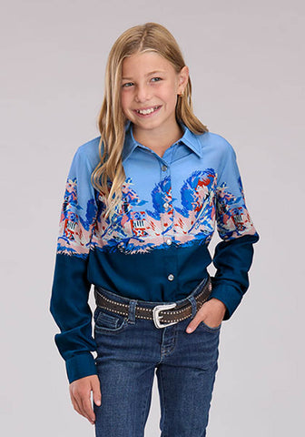 Roper Kids Girls Barrel Racer Border Blue 100% Rayon L/S Shirt