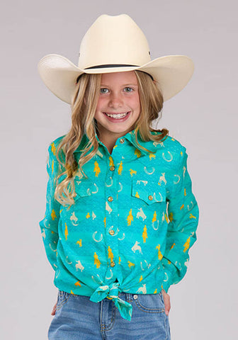 Roper Kids Girls 2525 Vintage Aztec Turquoise 100% Rayon L/S Shirt