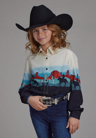 Roper Kids Girls 2202 Western Border Black 100% Rayon L/S Shirt