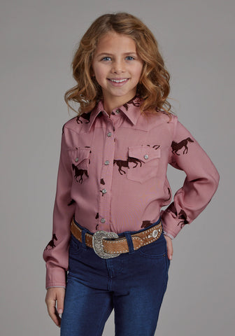 Roper Kids Girls 2203 Wild Horses Pink 100% Rayon L/S Shirt