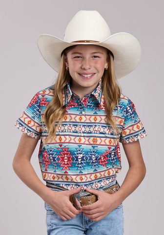 Roper Kids Girls Horizontal Aztec Blanket Stripe Multi 100% Cotton S/S Shirt
