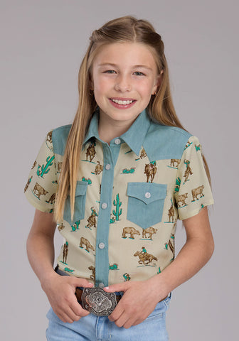 Roper Youth Girls Ropers Printed Yokes White 100% Rayon L/S S/S Shirt