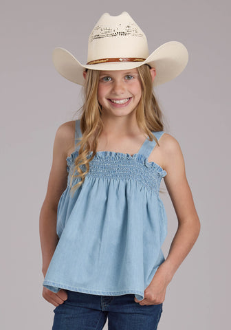 Roper Youth Girls Denim Babydoll Light Blue 100% Cotton S/L Tank Top