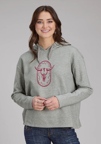 Roper Womens Longhorn Fleece Grey Cotton Blend Hoodie