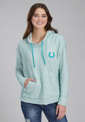 Roper Womens Knit Horseshoe Cream/Aqua 100% Cotton Hoodie