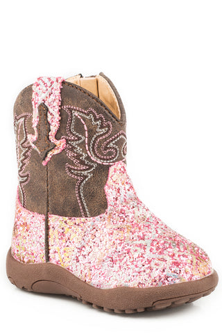 Roper Infant Girls Cowbabies Glitter Aztec Pink/Brown Faux Leather Cowboy Boots