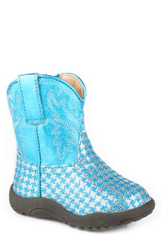 Roper Infant Girls Cowbabies Glitter Glam Blue Faux Leather 4in Cowboy Boots
