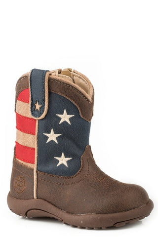 Roper Infant Unisex Cowbabies American Patriot Brown Multi Faux Leather Cowboy Boots