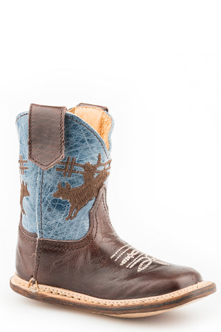 Roper Infant Unisex Cowbabies Bullrider Brown/Blue Leather Cowboy Boots