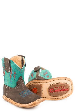 Roper Infant Unisex Cowbabies Lightning Brown/Turquoise Leather Cowboy Boots