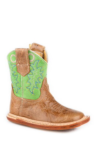 Roper Infant Unisex Cowbabies Ride Em Brown/Green Leather Cowboy Boots