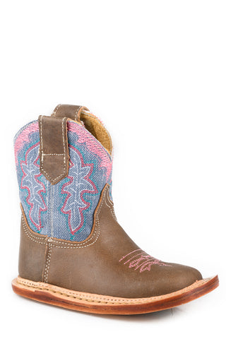 Roper Infant Girls Cowbabies Bella Brown/Blue Leather 3.5in Cowboy Boots