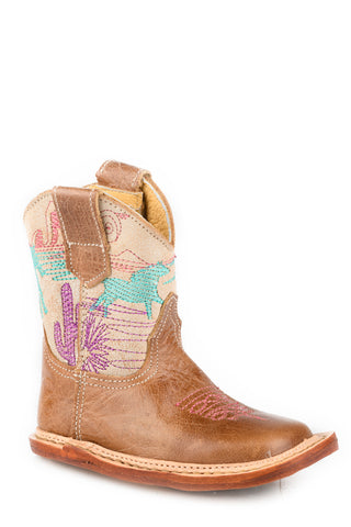 Roper Infant Girls Cowbabies Running Free Brown/Cream Leather Cowboy Boots