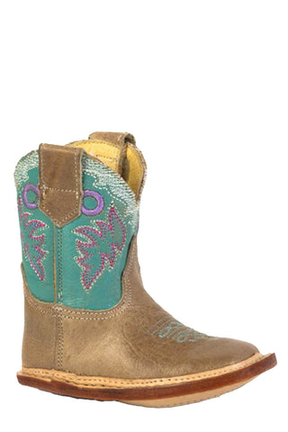 Roper Infant Girls Cowbabies Karli Tan/Turquoise Leather 3.5in Cowboy Boots