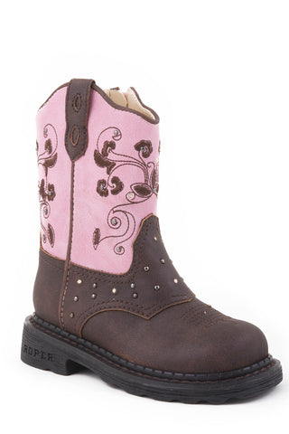 Roper Toddler Unisex Saddle Light Pink/Brown Faux Leather Chunk Cowboy Boots