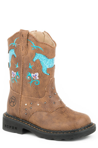 Roper Toddler Unisex Horse Flowers Tan Faux Leather Chunk Cowboy Boots