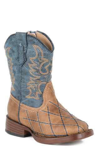 Roper Toddler Unisex Cross Cut Tan/Blue Faux Leather Cowboy Boots