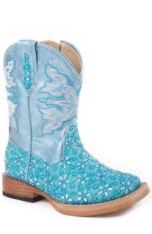 Roper Toddler Girls Glitter Flower Turquoise Faux Leather Cowboy Boots