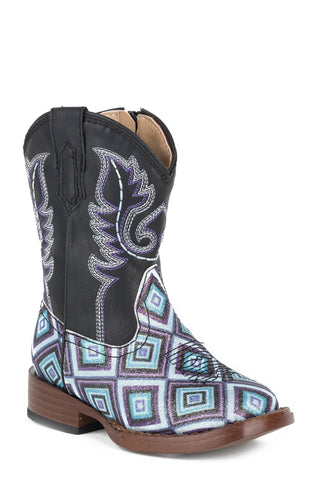 Roper Toddler Girls Glitter Diamonds Black Multi Faux Leather Cowboy Boots