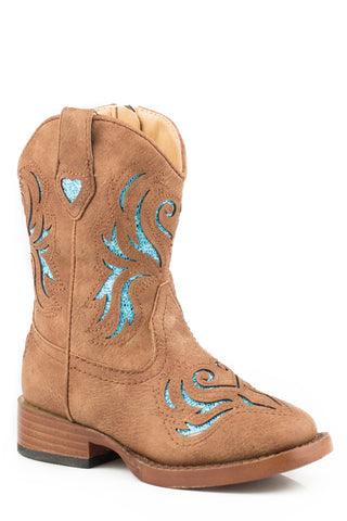 Roper Toddler Girls Glitter Breeze Tan/Turquoise Faux Leather Cowboy Boots