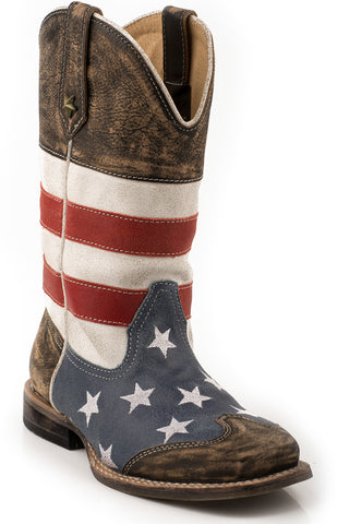 Roper Kids Unisex American USA Flag Multi-Color Leather Cowboy Boots