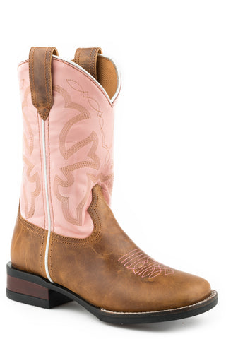 Roper Kids Girls Monterey Pink/Tan Leather Cowboy Boots