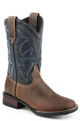Roper Kids Unisex Monterey Dark Brown/Navy Leather Cowboy Boots