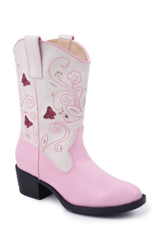 Roper Kids Girls Butterfly Pink/White Faux Leather Cowboy Boots