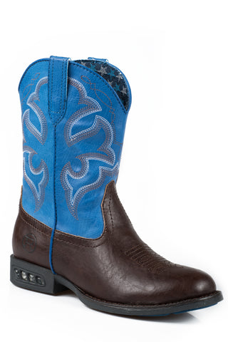Roper Kids Unisex Lightning Brown/Blue Faux Leather Cowboy Boots