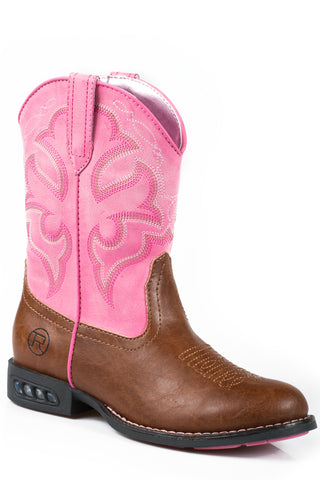 Roper Kids Girls Lightning Tan/Pink Faux Leather Cowboy Boots