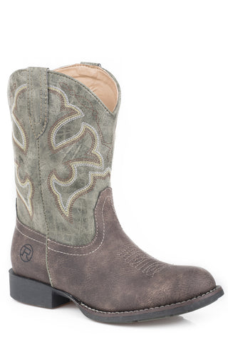 Roper Kids Unisex Cody Brown/Green Faux Leather Cowboy Boots