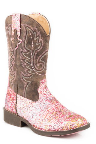 Roper Kids Girls Glitter Aztec Pink/Brown Faux Leather Cowboy Boots