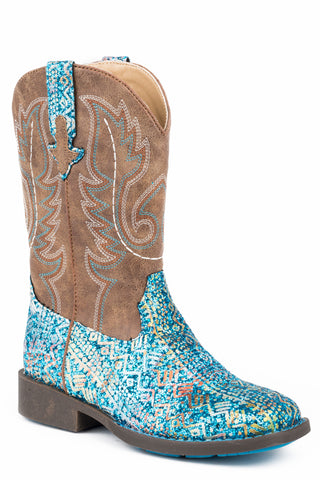 Roper Kids Girls Glitter Aztec Blue/Brown Faux Leather Cowboy Boots