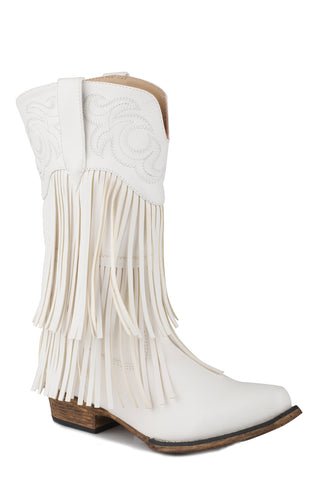 Roper Kids Girls Rickrack White Faux Leather Cowboy Boots