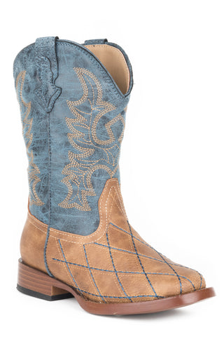 Roper Kids Unisex Cross Cut Tan/Blue Faux Leather Cowboy Boots