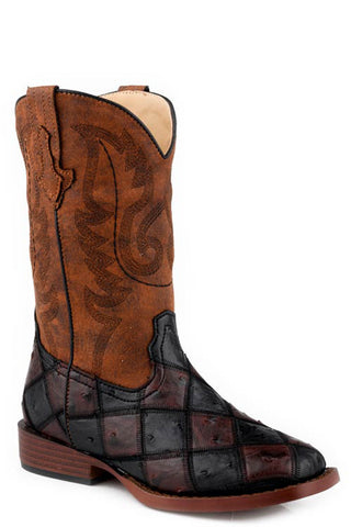 Roper Kids Unisex Bird Block Ostrich Print Brown Faux Leather Cowboy Boots