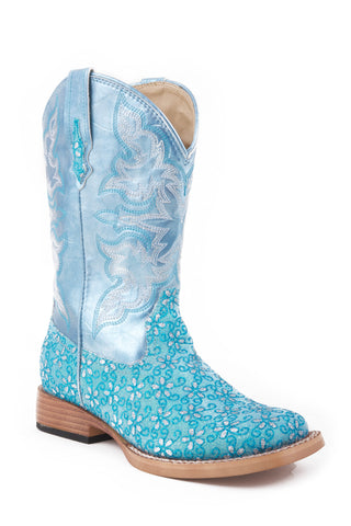 Roper Kids Girls Glitter Flower Turquoise Faux Leather Cowboy Boots