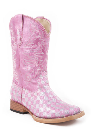 Roper Kids Girls Glitter Check Pink Faux Leather Cowboy Boots
