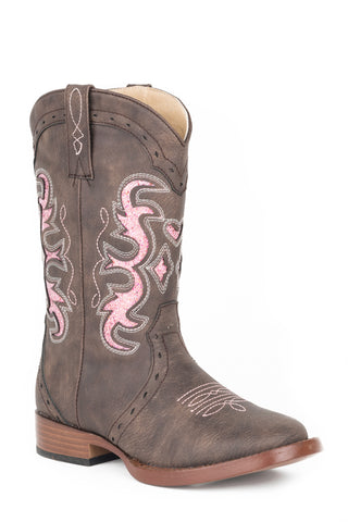 Roper Kids Girls Lexi Brown/Pink Faux Leather Cowboy Boots
